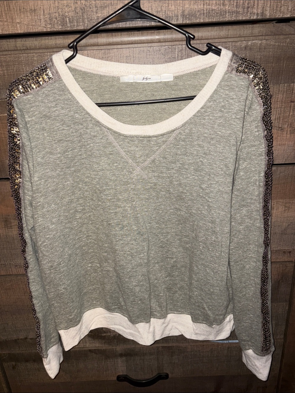 Gibson Sage Green Sweatshirt with Sequin-Trim Shoulders